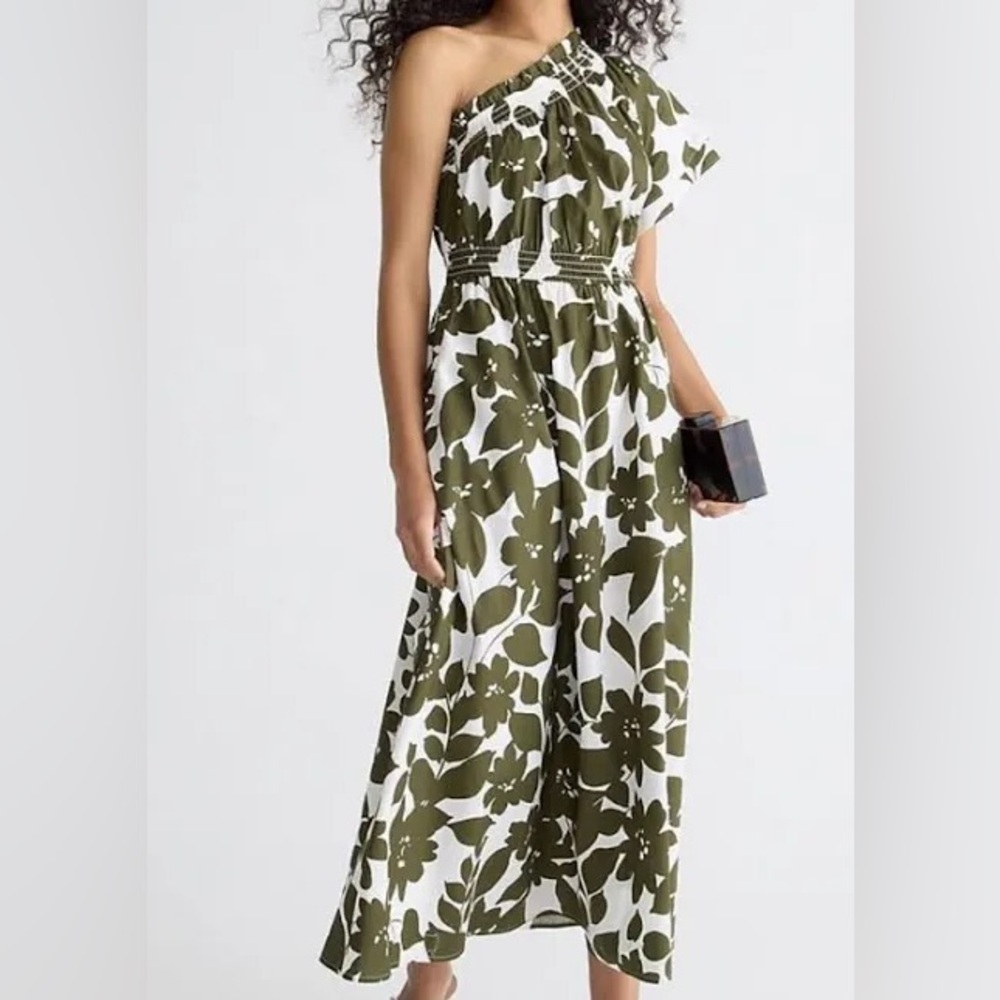 J.Crew Smocked cotton poplin one-shoulder dress in‎ leafy floral size xs.